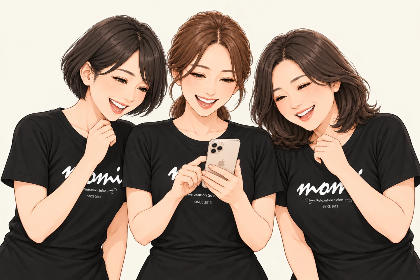 MOMIの制服を着た3人がiPhoneを見ながら楽しそうに笑うイラスト