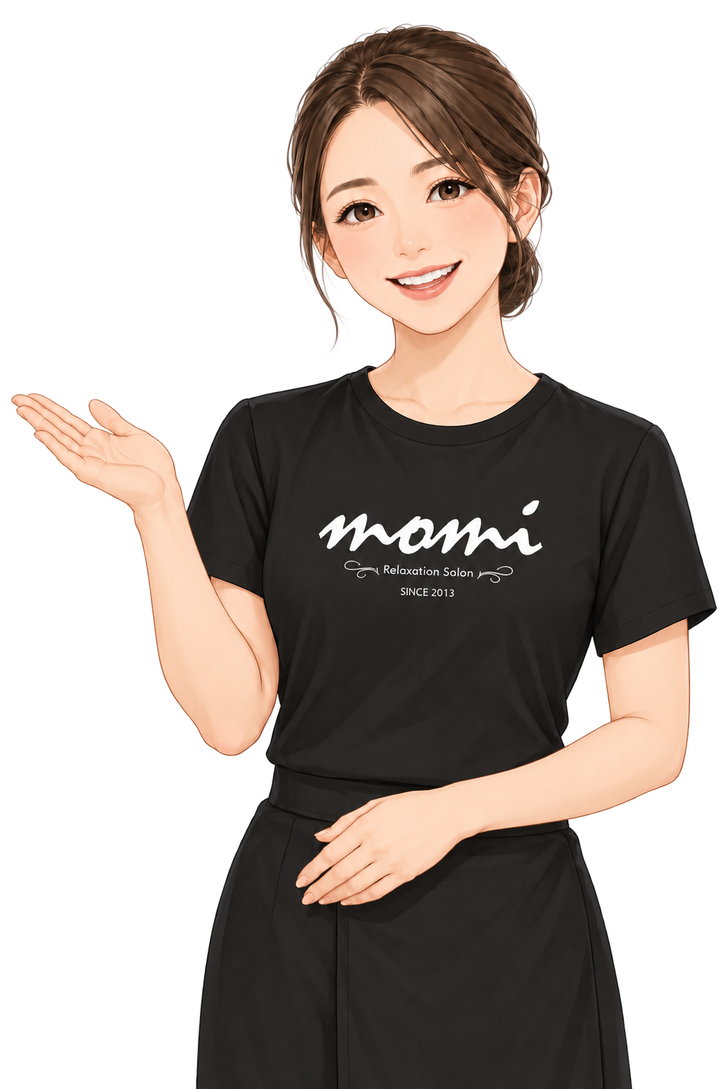 黒いMOMI Tシャツを着た採用案内キャラクター